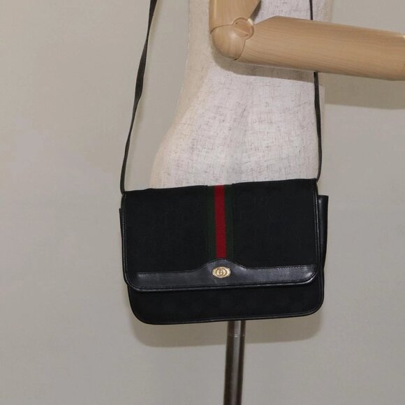 GUCCI GG Canvas Web Sherry Line Shoulder Bag Black Gold Red Auth - Picture 1 of 15